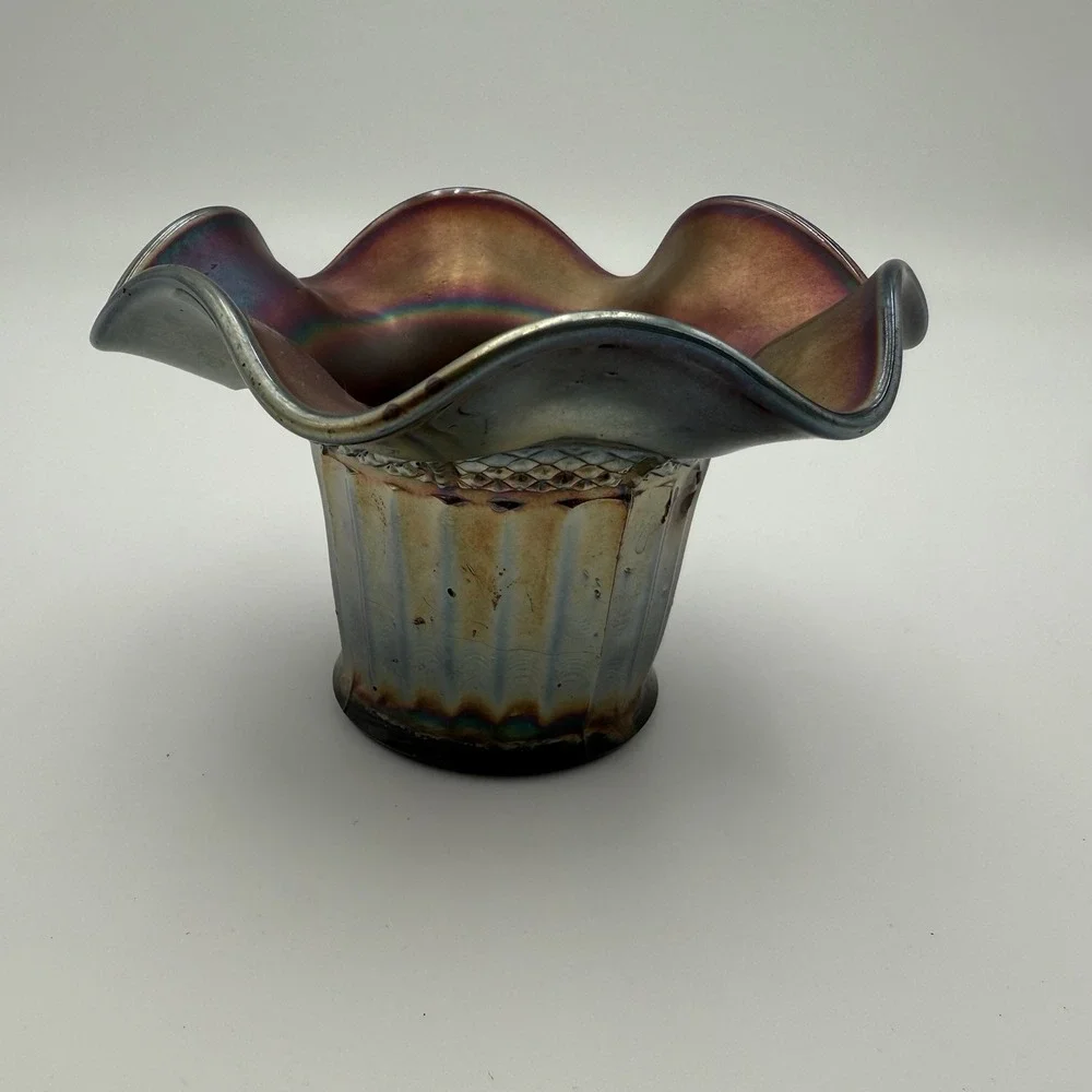 Northwood Amethyst Carnival Glass‎ Hat Case Lustre Fluted Diamond Trim Ribbed